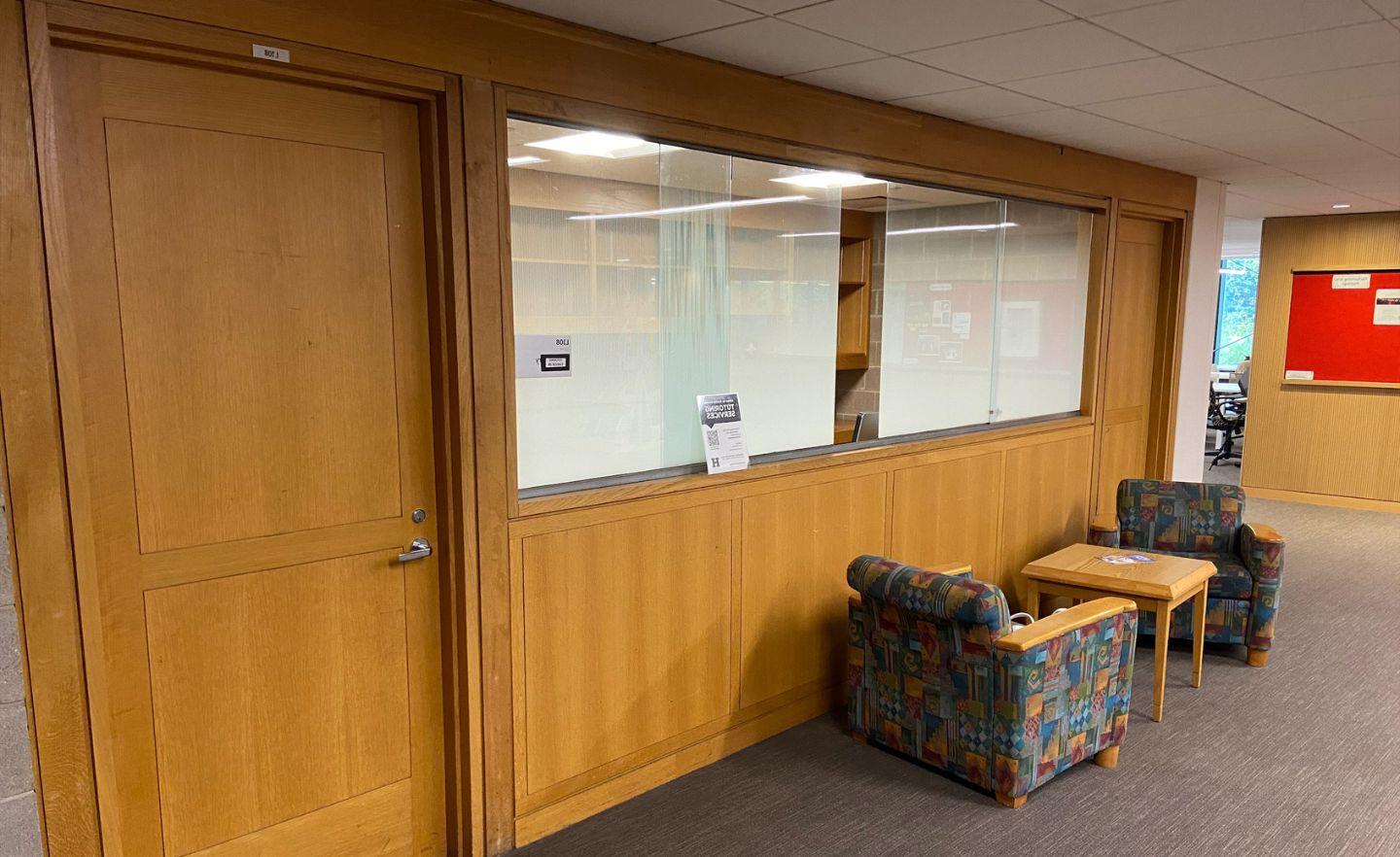 The Tutoring Services check-in desk in the lower level of the library.